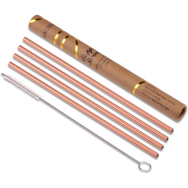 ZERRO Copper Straws Food Safe Solid Copper Mule Drinking Straws( Set of 4) Straight 8.5inch Cleaning Brush Included