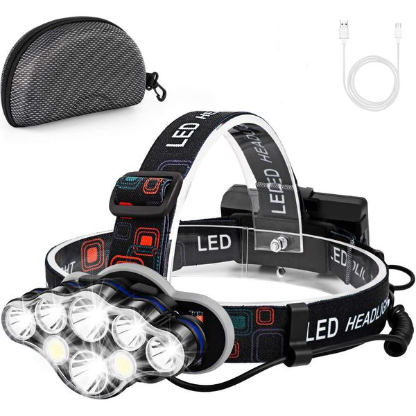 LED Head Torch, Rechargeable Super Bright Headlamp , 18000 Lumen Light Flashlight with White Red Lighting 8 Modes Waterproof Headlight for Outdoor Fishing Camping Running Hiking and Working