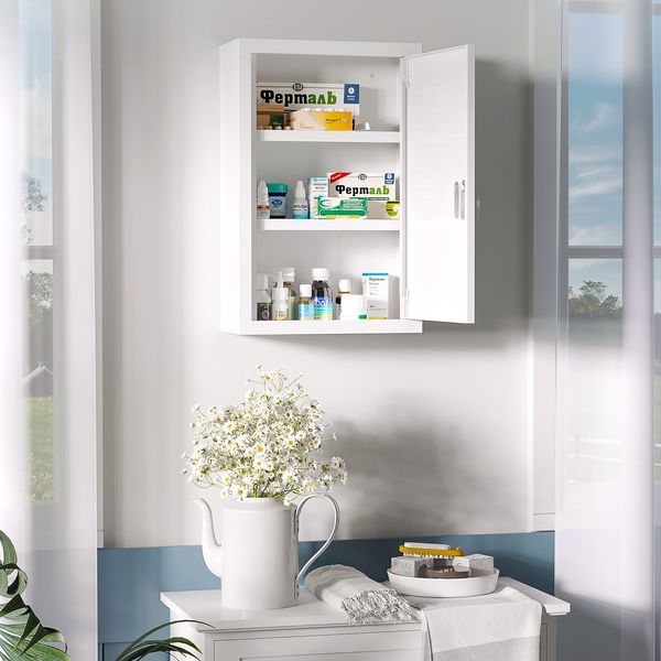 Wall Medicine Cabinet with Lock, Lockable Wall Cabinet, White