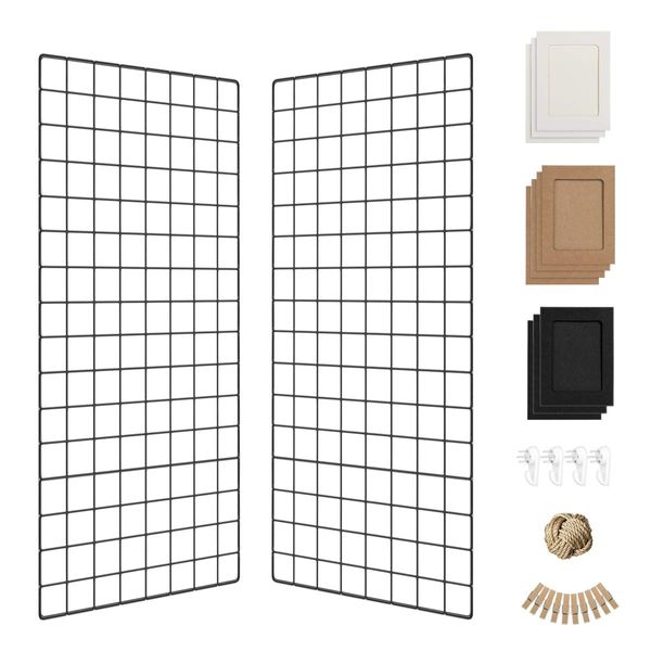 Wall Photo Grid Shelf, Wall Hanging Ins Art Display Grid Panel for Decor & Storage, Metal Wire Notice Boards & Memo Board, Mesh Tool Organiser, Wall Photo Frame 2 Pcs (Black, 15.7 x 31.5 inches)