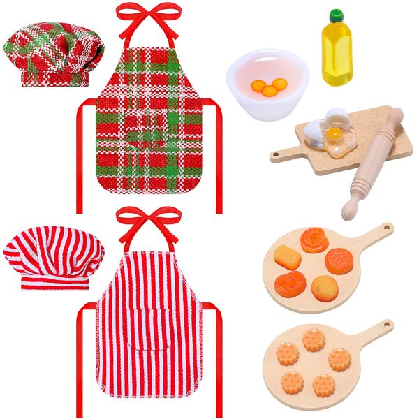 Hungdao Christmas Elf Accessories Mini Elf Doll Baker Outfit Set Include Apron Hats Rolling Pin Egg Cookie Tray Set Mixing Bowl for Xmas Elf Doll Decorations, Doll is Not Included (Stripe Style)