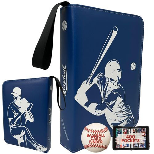 Baseball Card Binder with Sleeves 400 Pockets. 3 Ring Sports Card Binder with Zipper. Gifts for Baseball Card Collectors. Baseball Card Holders Compatible with Topps Cards. (Blue)