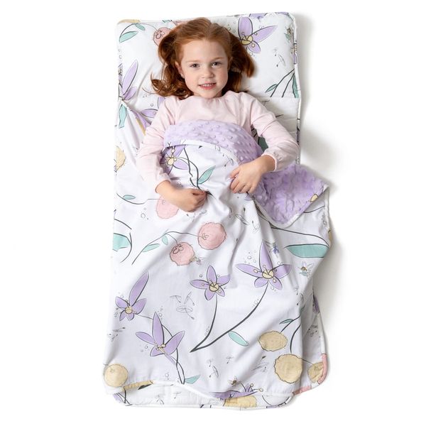 JumpOff Jo Toddler Nap-Mat, Fairy Blossoms - Cotton Kindergarten Mat with Soft Blanket, Removable Pillow for Daycare, Preschool, Sleepovers