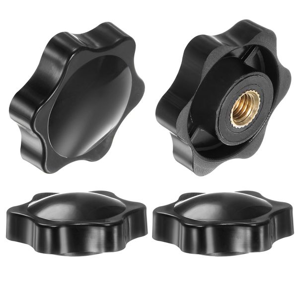 sourcing map 4pcs Star Knobs M6 Female Thread 32mm Head Plastic Non-Through Hole Brass Screw-in Clamping Handles Threaded Hand Knobs, Black