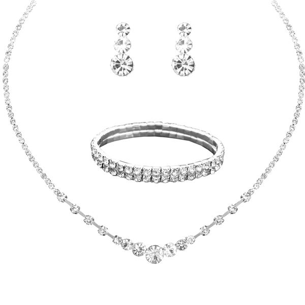 Silver Plated Elegant Necklace Earrings Bracelet Bride Bridesmaid Jewelry Sets for Wedding Prom Crystal Jewelry Set for Women Costume Accessories (010-Silver Plated)