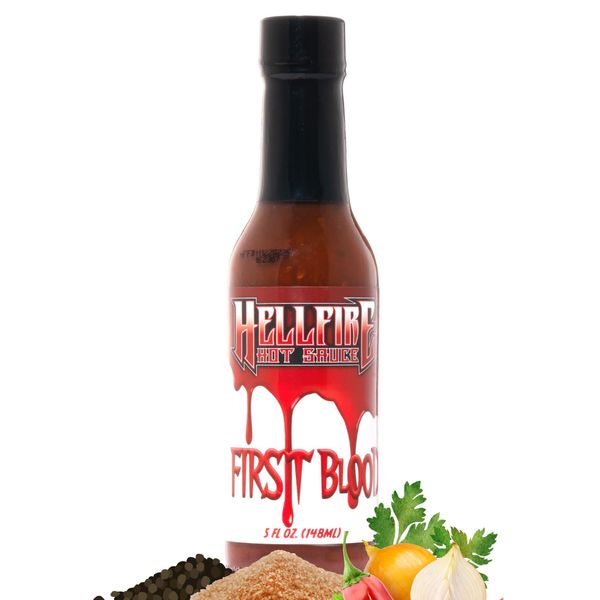 Hellfire Hot Sauce First Blood - Natural Gourmet Hot Sauce with Vegan Four Pepper Blend, 5 oz.