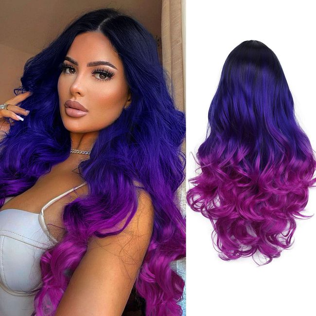 WIGER Long Wavy Wig Black To Blue To Purple Hair Long Curly Ombre Color Hair Wigs Rainbow Wigs Middle Part Wavy Synthetic Wigs Mermaid Purple Wigs For Cosplay Daily Party Wig