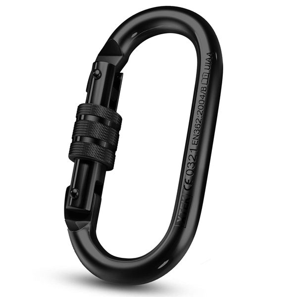 25kn Climbing Carabiner Clip - Heavy Duty Black O-Shape Steel Locking Caribeaner - UIAA / CE Certified Rock Climbing Gear - Strong Large Locking Oval Caribeener for Mountain Climbing