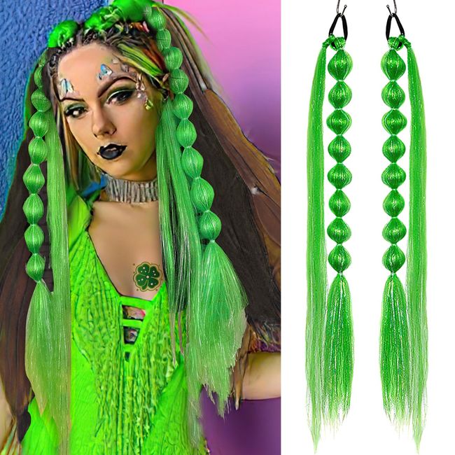 BASEMMAHER Sparkling Green Lantern Bubble Braid Wig Hair Ties for Women Girls Black Scrunchies Ponytail Hair Extensions Pre Stretched Braiding Hair 23Inch Glitter Synthetic Fiber Braids Hair 2 Pack