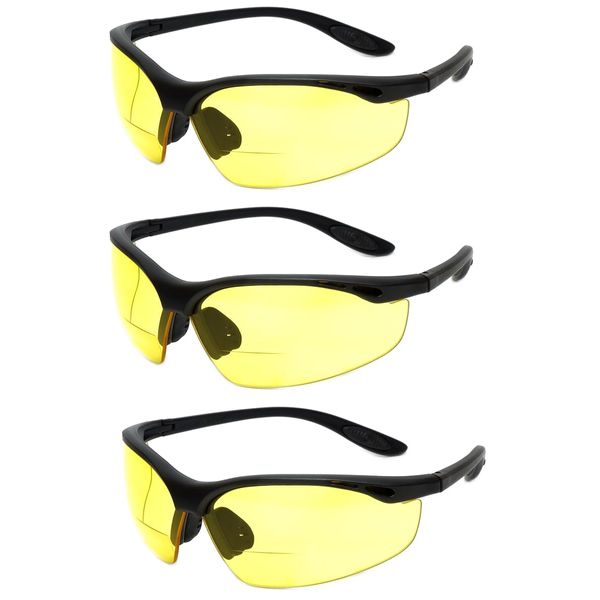 Calabria 91348 3 Pack Bulk Bifocal Reading Safety Glasses Readers +3.00 Yellow Men Women Wrap Around Eye Protection Anti Fog