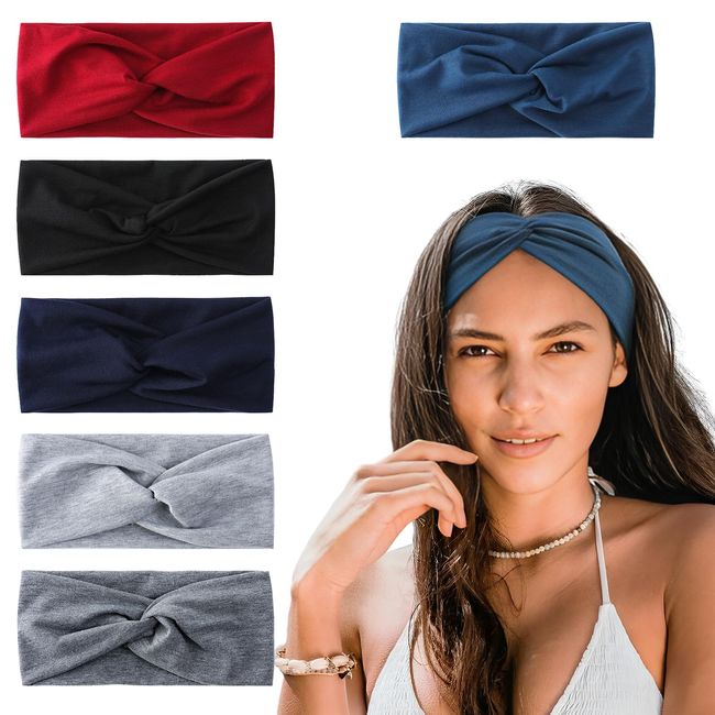 Tibapla 6 Stück Stirnband Haarbänder Damen Elastische Haarband Weiche Kopfband Boho Stirnbänder Sport Yoga Haar Zubehör für Sport Laufen Exercise Gym (Einfarbig)