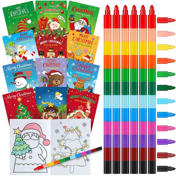 Jectivs 24 Pcs Christmas Coloring Books with 24 Pcs Crayons Bulk for Party Favor,Xmas Mini Booklets with Stackable Crayons for Christmas Holiday Classroom Reward Goodie Bag Stuffer Supplies