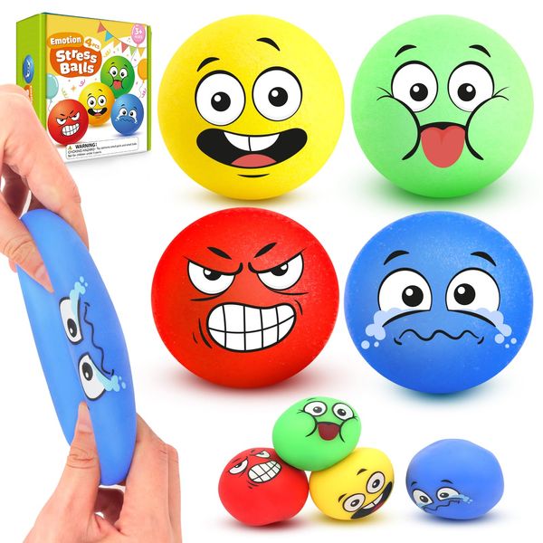 LESONG 4 Stück Stress Ball, Anti Stress Bälle Squishy Balls Lustige Gesichter, Sensory Stressball Squeeze Ball Spielzeug für Kinder Erwachsene Mitgebsel Geschenke Geburtstag ADHD Autism Sensory Toy