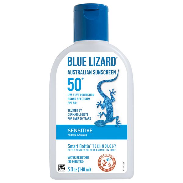 Blue Lizard Sensitive Mineral Sunscreen with Zinc Oxide, SPF 50+, Water Resistant, UVA/UVB Protection with Smart Bottle Te.