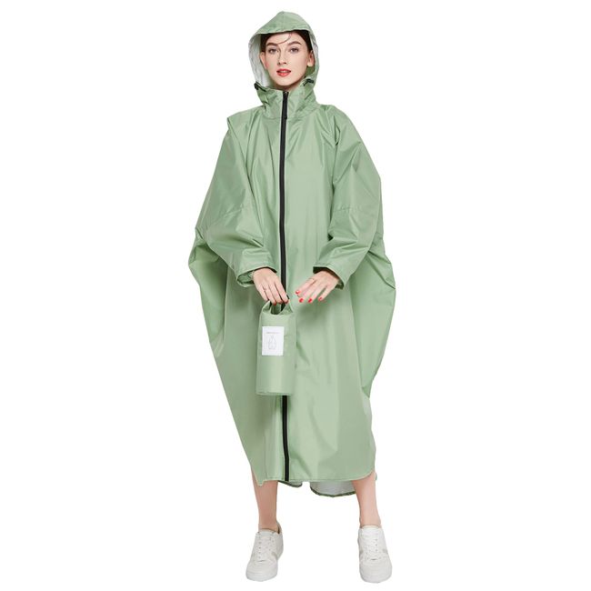 Gaga city Wasserdichter Poncho Regenmäntel für Damen Unisex mit Tasche vorne Lange Ärmel mit elastischen Bündchen, Druckknopf am Saum zum Grün