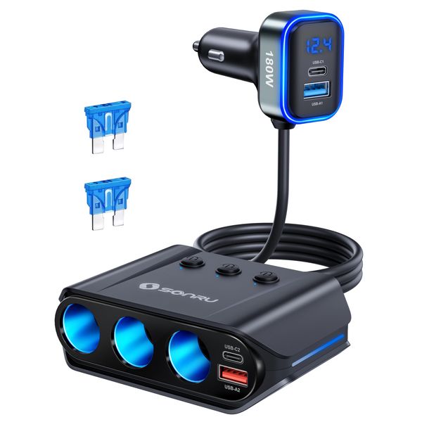 Zigarettenanzünder Verteiler 7 in 1, SONRU 180W Auto KFZ Ladegerät Adapter 12V/24V Stecker 3 Fach LED Voltmeter mit Separatem Schalter, Schnellladegerät 3 Steckdosen 4 USB Anschlüsse