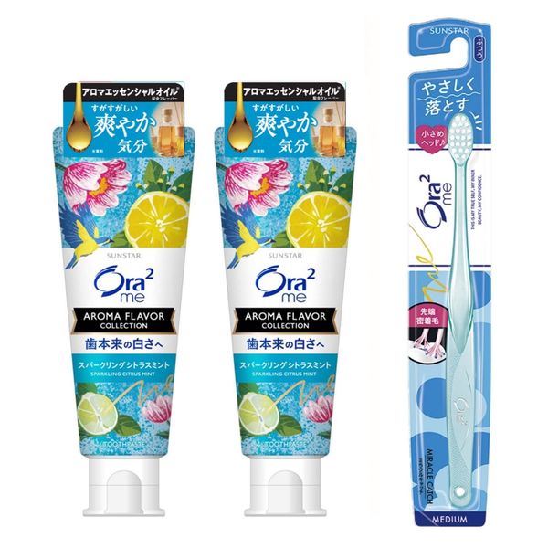 Ora2 Me Aroma Flavor Stain Clear Toothpaste, Sparkling Citrus Mint, Whitening, Toothpaste, Yellowing Teeth, Coloring Stain, Bad Breath Care, 4.6 oz (130 g) x 2 + Toothbrush Included