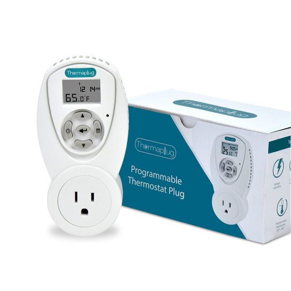 Programmable Thermostat Outlet Plug for Space Heaters and A/Cs, 120v/ 110v 15 amps, Heavy Duty, New Will retain Power for 15 min to Enable Easy Programming.