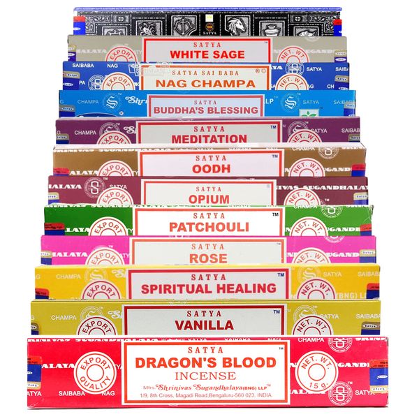 SAMASIA Satya Mix 12 incense set 4 - Dragons Blood, Vanilla, Spiritual Healing, Rose, Patchouli, Opium, Oodh, Meditation, Buddhas Blessings, Agarbatti, White Sage etc and comes with incense holder