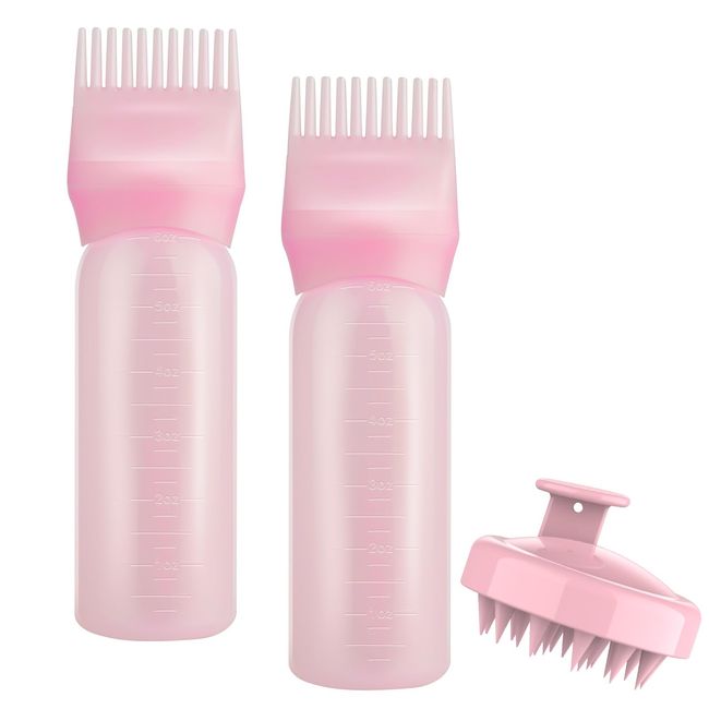 Gezimetie Root Comb Applicator Bottle with Scalp Massager Brush Comb 3PCS Hair Coloring Dye and Scalp Treatment Tools (Purple) (Pink)