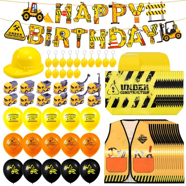 Jspupifip 88Pcs Construction Birthday Party Supplies Set Including 15 Pcs Kids Construction Vest 15 Pcs Plastic Hats 15 Pcs Tote Bags 15 Pcs Keychain 15 Pcs Balloons 12 Pcs Truck Birthday Backdrop