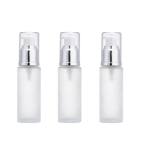 3PCS 30ml/1oz Empty Refillable Clear Frosted Glass Cosmetic Lotion Bottle Travel Toiletries Container Pump Dispenser Vials Pot Jars for Cream Foundation Emulsion Essencial Oil