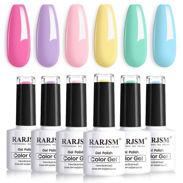 RARJSM Pastel Gel Nail Polish Kit,Macaron Colors Gel Nail Polishes Pink Purple Yellow Green Blue Nail Polish Set, 6PCS 7.5ML Spring Summer Color Nail Polish,Curing Required,Nail Art Gift Kit