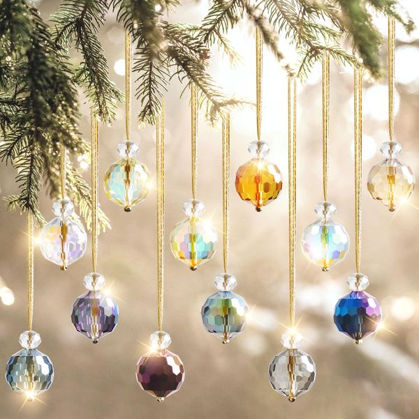 UXORSN 12 PCS Christmas Tree Crystal Ball Ornaments Prism Balls 22 mm Rainbow Crystal Suncatcher Window Decorations Glass Hanging Chandelier Drops Pendant for Feng Shui Xmas Party Wedding Home Decor