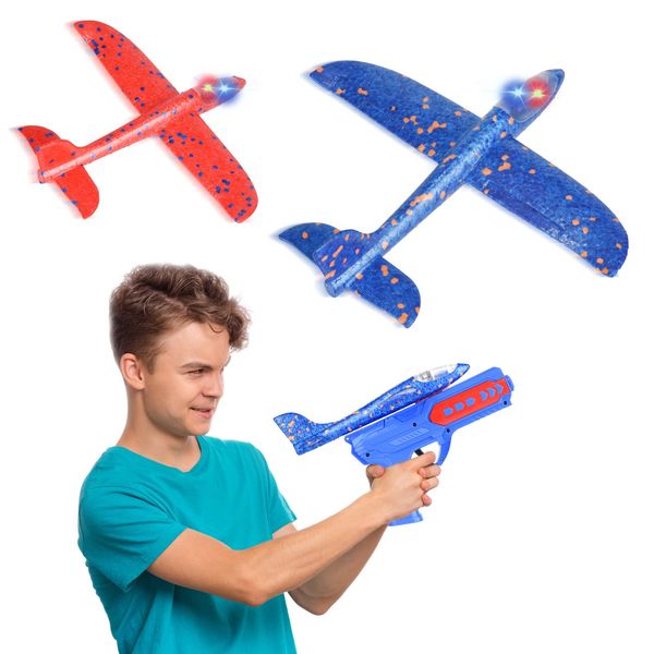 Misvayli Airplane Glider, Outdoor Throwing Glider Foam Plane Toy Set with 1 Launcher and 2 Foam Airplanes, Luminous Glider Outdoor Hand-Throwing Toy Plane for Ages 3 + Years Boys Girls Gifts