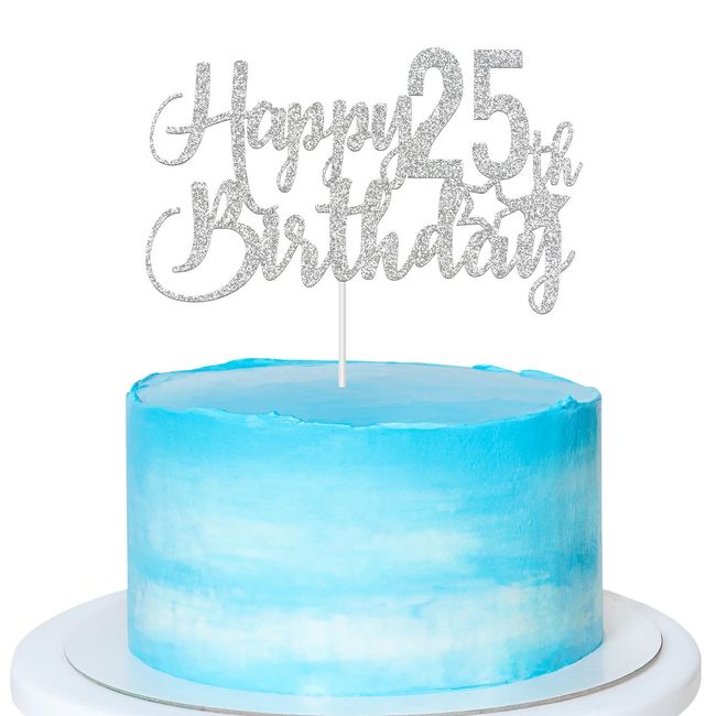 Silver Glitter Happy 25th Birthday Cake Topper - 25th Birthday Cake Topper, 25th Birthday Party Decoration