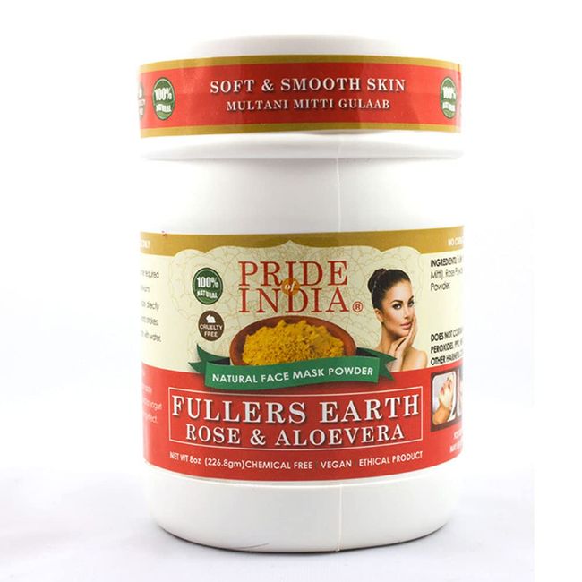 Pride Of India - Fuller's Earth Indian Clay Face Mask Powder w/Rose & Aloevera, Half Pound Jar, 100% Natural