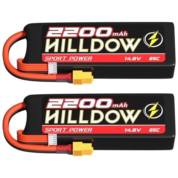 Hilldow 14.8V Lipo RC Battery 4S 85C 2200mAh Lipos Batteries Rechargeable with XT60 Plug for RC Models Airplane Helicopter Remote Control Quadcopter Drone FPV (2 Packs)