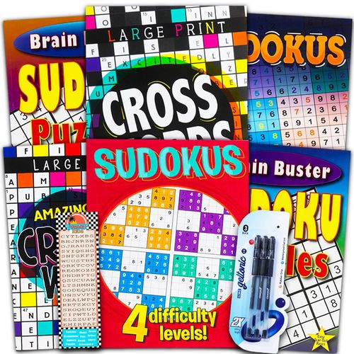 Sudoku Crossword Puzzle Books for Adults Seniors Super Set ~ Bundle of 6 Jumbo Crossword and Sudoku Puzzle Books Plus Pens and Bookmark (Over 550 Puzzles Total)