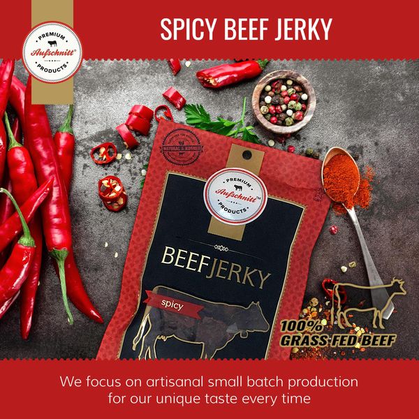 Aufschnitt Grass Fed Beef Jerky - Low Sodium, Certified Kosher - Halal and Keto Friendly - 2 Pack, Spicy