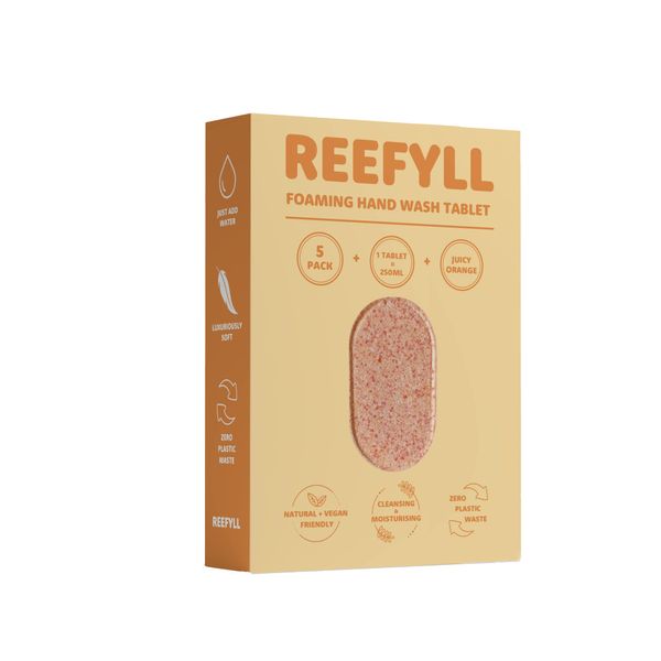 Reefyll Foaming Hand Soap Refill Tablets, Dissolvable Plastic Free Hand Wash Pods, Just Add Water to Transform to Velvety Foam, Juicy Orange Scent 5 Tablets