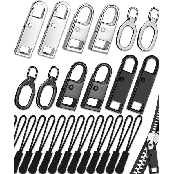 Zipper Pull, Zipper Pull Replacement (32 Pack), Universal Replacement Zipper Pull Kit, Durable Zipper Tab Replacement, Zipper Pulls for Backpacks, Purses, Jackets, Luggage, Boots (4 Styles 4 Sizes)