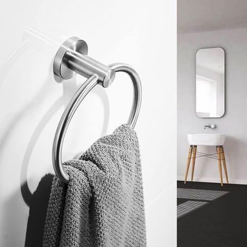 BESy SUS304 Stainless Steel Bathroom Hand Towel Ring Towel Holder, Drill Free with Glue or Wall Mounted with Screws, Heavy Duty Round Pedestal, Brushed Nickel Finish