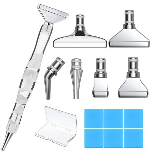 Heyseri 14PCS Diamond Painting Pen Accessories Tools Set, Exquisite Stainless Steel Metal Pen Tips,Ergonomic Diamond Art Drill Pen and 6 Painting Glue Clay,Comfort Grip (14PCS-White Pen+Silver)