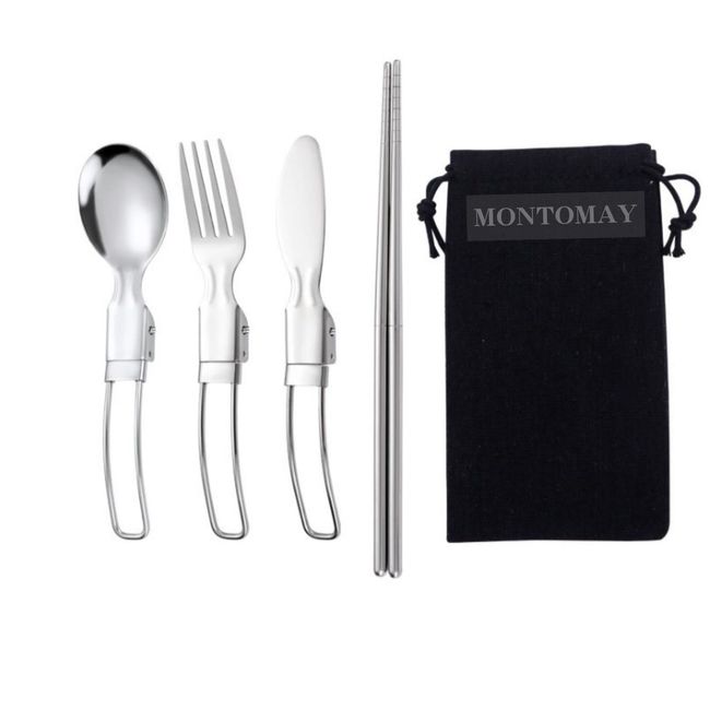 MONTOMAY Camping Tableware Outdoor Camping Cutlery Set, Spoon, Fork, Chopsticks Knife, Stainless Steel, Barbecue, Camping Supplies, Tableware, Camp Set (Silver)