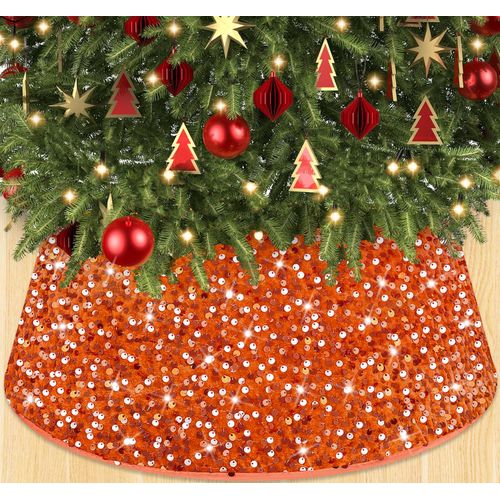 WUPIOS Orange Christmas Tree Collar Sequin Christmas Tree Ring 23.6 Inch Glitter Xmas Tree Collars Sequin Tree Collar Burnt Orange Tree Skirt Sparkle Tree Base Basket for Holiday Party Xmas Tree Decor