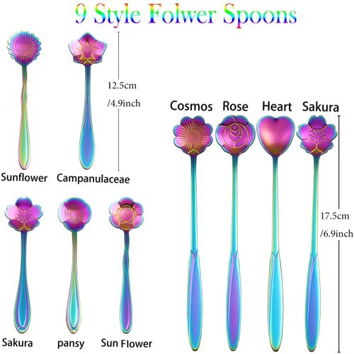 Flower Spoon Coffee Teaspoon Set, ESRISE Stainless Steel Tea Spoon Dessert Spoon for Christmas Gifts Birthday Gifts(Rainbow)