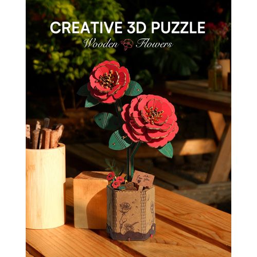 ROBOTIME 3D Puzzle Wooden Flower Red Camellia DIY Model Kit to Build for Adults Artifical Bouquet Collection Craft Brain Teaser Puzzle Creative Gift Home Decor