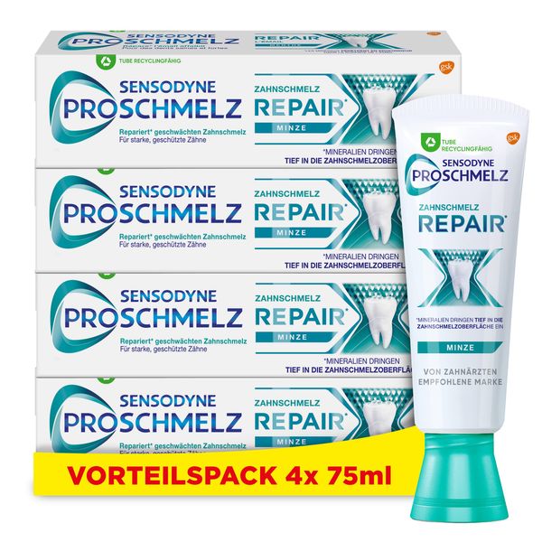 Sensodyne ProSchmelz Repair Zahncreme, 4x 75ml, tägliche Zahnpasta mit Fluorid, repariert nachweislich durch Säuren geschwächten Zahnschmelz