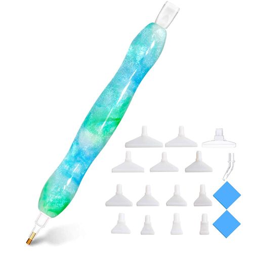 Handmade 5D Diamond Painting Art Pen Picker Kits,15PC Stylus Drill Pen Tips Placers Heads,2PC Wax Clay Glue for Diamond Painting, Nail Art, Cross-Stitch Embroidery,g (Shining White Bluegreen)