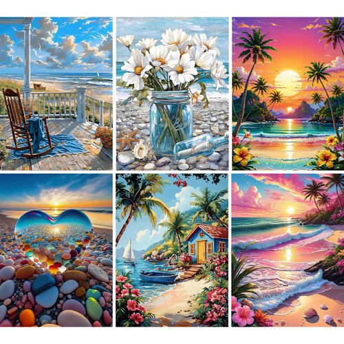 WUDWL Diamond Painting Kits for Adults - 6 Pack Beach DIY 5D Diamond Art Kits Full Drill Diamond Dots Paintings with Diamonds Gem Art and Crafts Home Decor 12x16inch