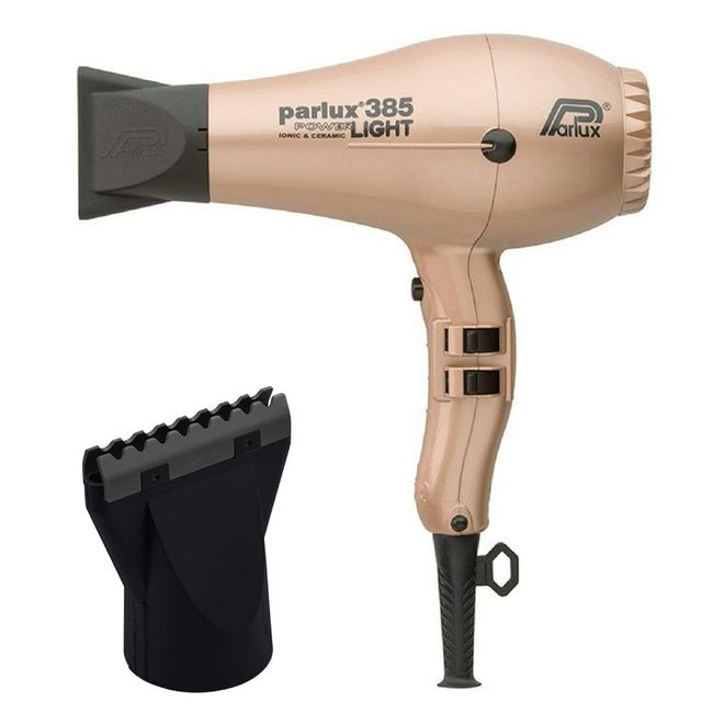 Parlux 385 Powerlight Ionic and Ceramic Light Gold Hair Dryer and M Hair Designs Hot Blow Attachment Black (Bundle 2 Items)