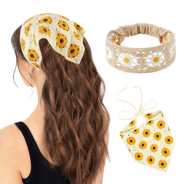 DOCILA 2 Pcs Daisy Crochet Headbands For Women 60s 70s Sunflower Hair Bandanas Knit Floral Hippie Head Wrap Boho Hair Accessories Beige Yellow