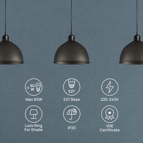Linkind Ceiling Pendant Light Fitting, Metal E27 Screw Lamp Holder with Lock Ring for Shade, 100cm Braided Flex Cable, Industrial Style Ceiling Rose, Black, 1 Pack