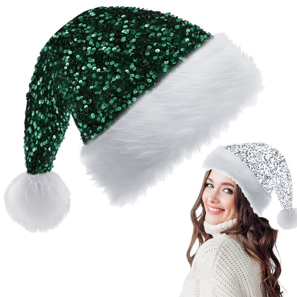 Dark Green Santa Hat Christmas Hat 35*45cm for Adults,Kids,Shiny Sequin Xmas Hat Plush Santa Claus Hat,Unisex Velvet Father Christmas Hat Costume,Christmas Party Hat Cap for Xmas New Year Party Gifts