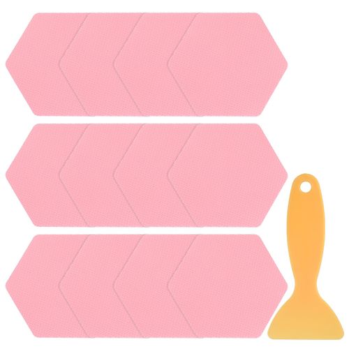 HARFINGTON 12pcs Non-Slip Bathtub Stickers Set 3.15" Hexagon Shower Floor Sticker PEVA Anti-Slip Adhesive Appliques with Scraper for Bathroom Kitchen Treads Stairs Swimming Pool, Pink